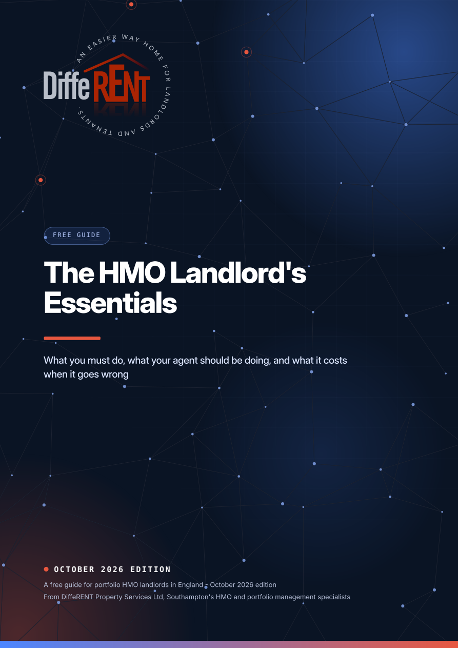 Cover of The HMO Landlord's Essentials, a free guide from DiffeRENT Property Services